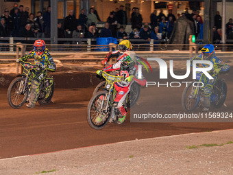 Belle Vue Colts' William Cairns in white leads Belle Vue Colts' Harry McGurk in yellow, Sheffield Tiger Cubs' Ace Pijper in red, and Sheffie...