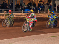 Belle Vue Colts' William Cairns in white leads Belle Vue Colts' Harry McGurk in yellow, Sheffield Tiger Cubs' Ace Pijper in red, and Sheffie...