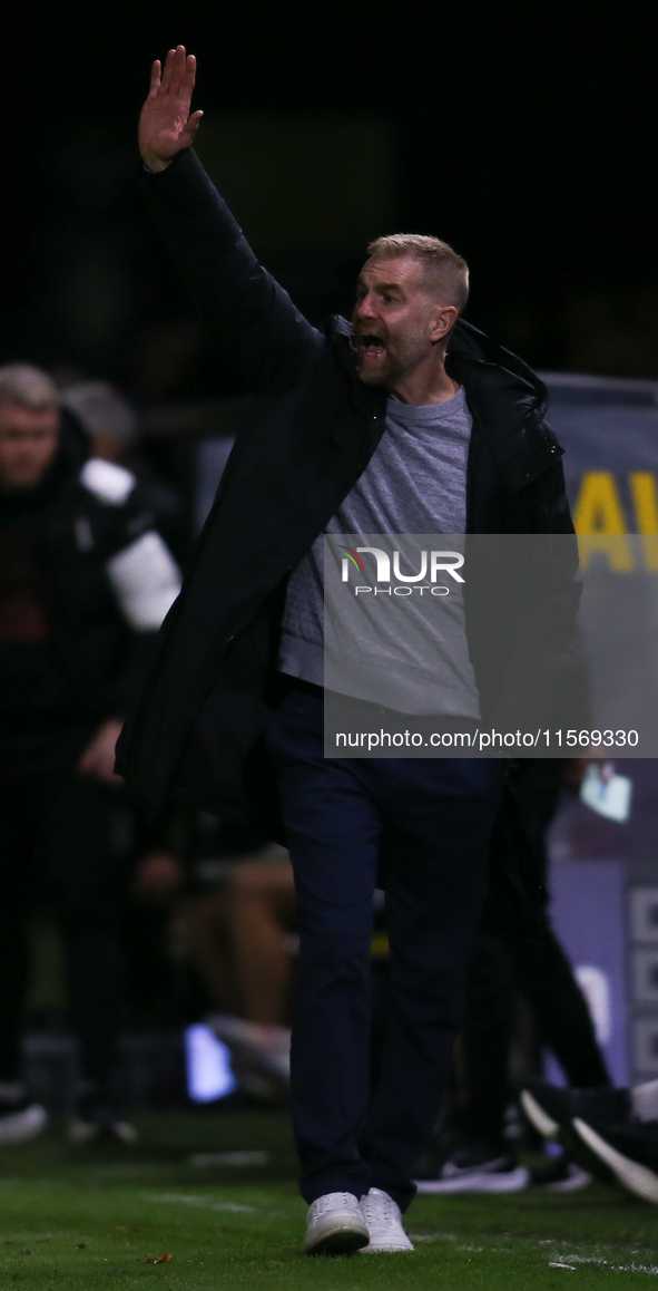 Harrogate Town Manager Simon Weaver during the Sky Bet League 2 match between Harrogate Town and Doncaster Rovers at Wetherby Road in Harrog...