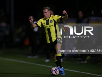 Harrogate Town's James Daly during the Sky Bet League 2 match between Harrogate Town and Doncaster Rovers at Wetherby Road in Harrogate, Eng...