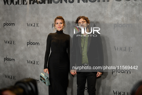 Andrea Guasch and Rosco attend the photocall for Vogue Fashion's Night Out 2024 in Madrid, Spain, on September 13, 2024. 