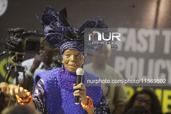 Founder of Nike Art Gallery, Chief Nike Davies-Okundaye, speaks during the Ministry of Art, Culture and Creative Economy's ''Corporate Partn...