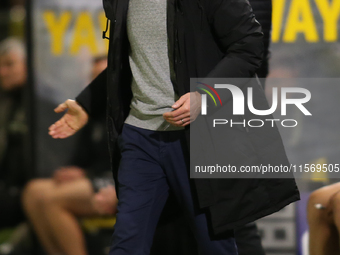 Harrogate Town Manager Simon Weaver during the Sky Bet League 2 match between Harrogate Town and Doncaster Rovers at Wetherby Road in Harrog...