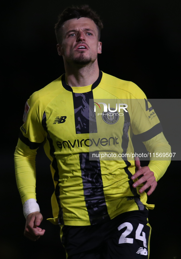 Harrogate Town's Josh March during the Sky Bet League 2 match between Harrogate Town and Doncaster Rovers at Wetherby Road in Harrogate, Eng...