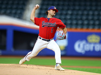 Tim Panetta #1 pitches during the baseball game against the NYPD baseball team in the 'Battle of Badges' at Citi Field in Corona, New York,...