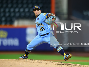 New York's Finest pitcher Scott Hannon #41 throws during the baseball game against the FDNY baseball team in 'Battle of Badges' at Citi Fiel...