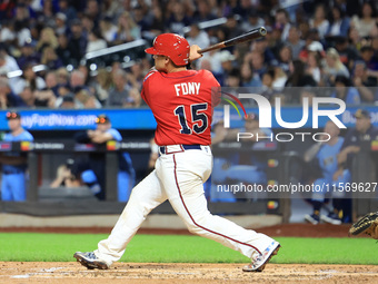 Joe Proscia #15 bats during the baseball game against the NYPD baseball team in the 'Battle of Badges' at Citi Field in Corona, New York, on...