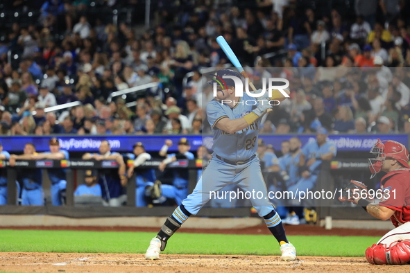 Anthony Carnacchio #23 bats during the baseball game against the FDNY baseball team in the 'Battle of Badges' at Citi Field in Corona, N.Y.,...