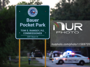 Houston Police investigate a double homicide at Bauer Pocket Park in Northwest Houston on September 12, 2024. The shooting leaves two dead,...