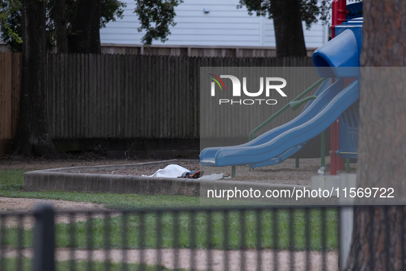 The body of a deceased shooting victim lies at the bottom of a playground slide following a shooting at Bauer Pocket Park in Houston, Texas,...