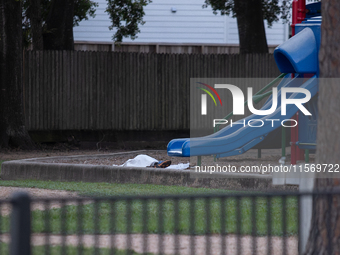 The body of a deceased shooting victim lies at the bottom of a playground slide following a shooting at Bauer Pocket Park in Houston, Texas,...