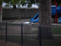 The body of a deceased shooting victim lies at the bottom of a playground slide following a shooting at Bauer Pocket Park in Houston, Texas,...