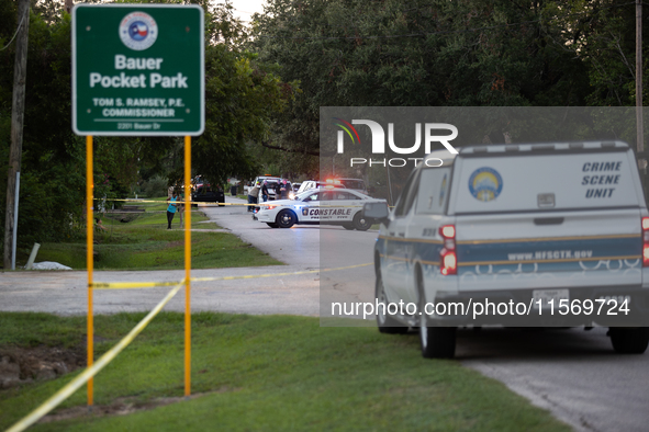 A crime scene unit and various police officials surround Bauer Pocket Park in City, Country, on September 12, 2024, following a shooting. 