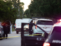 Police cars are near Bauer Pocket Park in Houston, Texas, on September 12, 2024, following a shooting. (