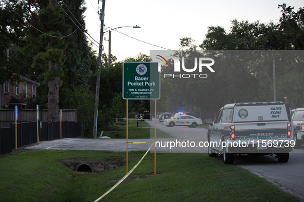 A crime scene unit and various police officials surround Bauer Pocket Park in City, Country, on September 12, 2024, following a shooting. 