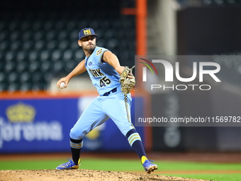 New York's Finest pitcher Ed Baram #45 throws during the baseball game against the FDNY baseball team in the 'Battle of Badges' at Citi Fiel...