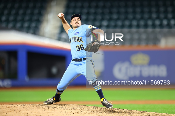 New York's Finest pitcher James Bilcik #36 throws during the baseball game against the FDNY baseball team in the 'Battle of Badges' at Citi...