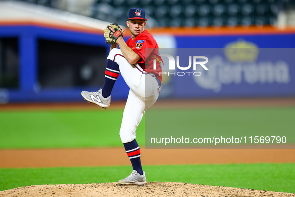 Joe Fiori #33 pitches during the baseball game against the NYPD baseball team in the 'Battle of Badges' at Citi Field in Corona, New York, o...