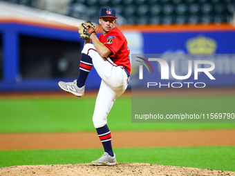 Joe Fiori #33 pitches during the baseball game against the NYPD baseball team in the 'Battle of Badges' at Citi Field in Corona, New York, o...