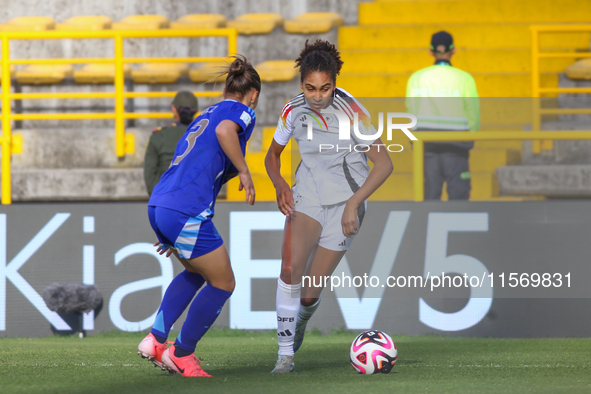 Cora Zicai of Germany and Luciana Perez of Argentina fight for the ball during the FIFA U-20 Women's World Cup 2024 match between Germany an...