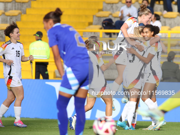 Germany players celebrate the goal during the FIFA U-20 Women's World Cup 2024 match between Germany and Argentina at the Techo stadium in B...