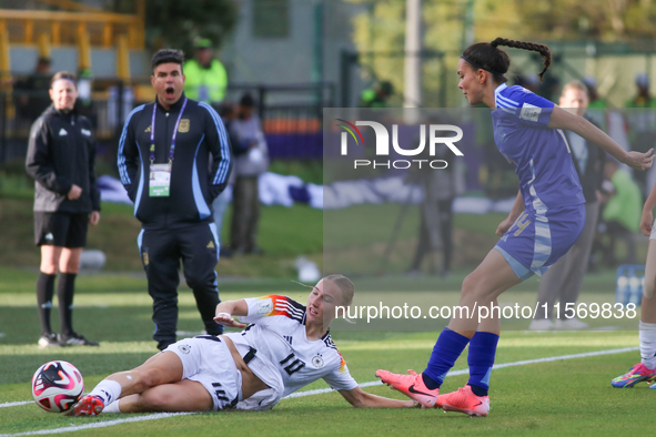 Sophie Nachtigall of Germany and Serena Rodriguez of Argentina fight for the ball during the FIFA U-20 Women's World Cup 2024 match between...