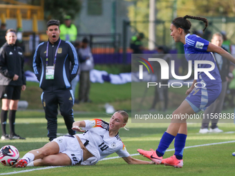 Sophie Nachtigall of Germany and Serena Rodriguez of Argentina fight for the ball during the FIFA U-20 Women's World Cup 2024 match between...