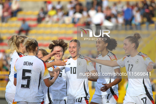 Germany players celebrate the goal during the FIFA U-20 Women's World Cup 2024 match between Germany and Argentina at the Techo stadium in B...