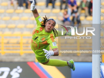 Paulina Aprile of Argentina stretches to try to save the ball during the 2024 FIFA U-20 Women's World Cup match between Germany and Argentin...