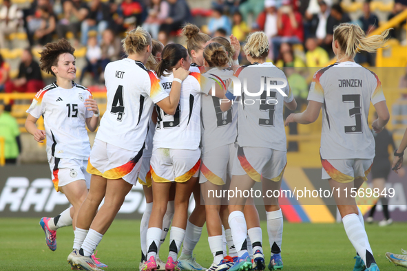 Germany players celebrate the goal during the FIFA U-20 Women's World Cup 2024 match between Germany and Argentina at the Techo stadium in B...