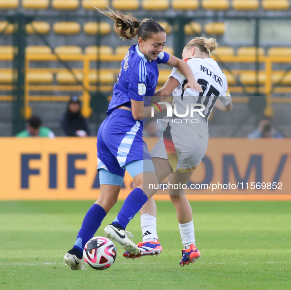 Sophie Nachtigall of Germany and Delfina Lombardi of Argentina fight for the ball during the FIFA U-20 Women's World Cup 2024 match between...