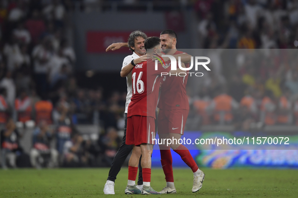 Merih Demiral and Ismail Yuksek of Turkey  during the UEFA Nations League 2024/25 League B Group B4 match between Turkiye and Iceland at Gür...