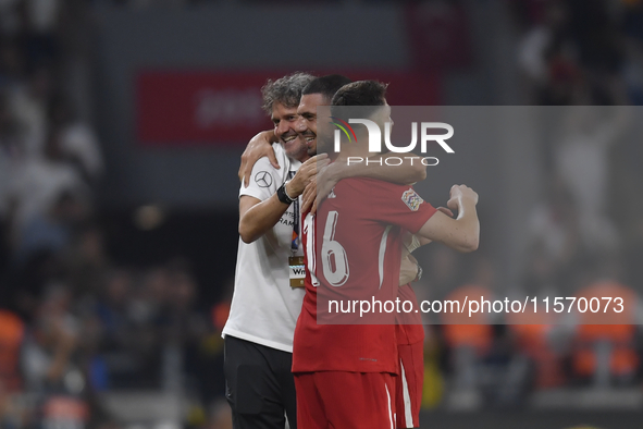 Merih Demiral and Ismail Yuksek of Turkey  during the UEFA Nations League 2024/25 League B Group B4 match between Turkiye and Iceland at Gür...