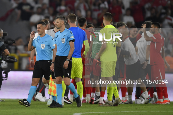 Referee Enea Jorgii and assistant referee Ridiger Cokaj of Albania  during the UEFA Nations League 2024/25 League B Group B4 match between T...