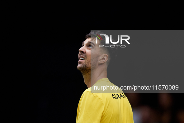 Thanasi Kokkinakis of Australia looks on during the game against Jakub Mensik of Czechia during the 2024 Davis Cup Group B Stage match betwe...