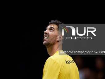 Thanasi Kokkinakis of Australia looks on during the game against Jakub Mensik of Czechia during the 2024 Davis Cup Group B Stage match betwe...