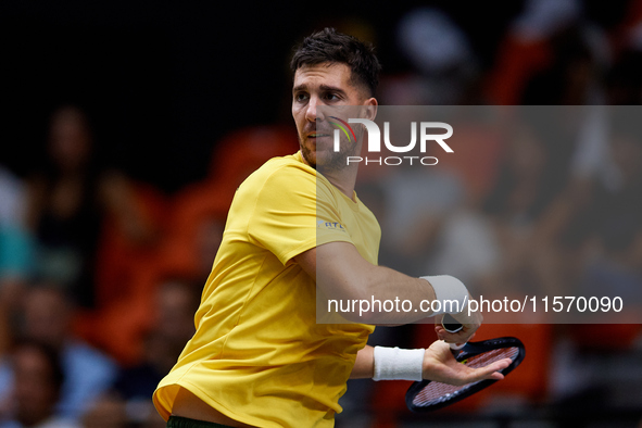 Thanasi Kokkinakis of Australia is in action during the game against Jakub Mensik of Czechia during the 2024 Davis Cup Group B Stage match b...