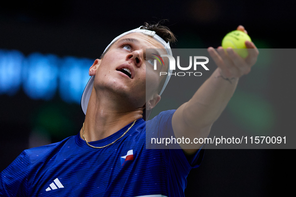 Jakub Mensik of Czechia serves during the game against Thanasi Kokkinakis of Australia during the 2024 Davis Cup Group B Stage match between...