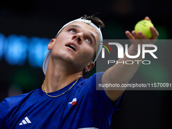 Jakub Mensik of Czechia serves during the game against Thanasi Kokkinakis of Australia during the 2024 Davis Cup Group B Stage match between...