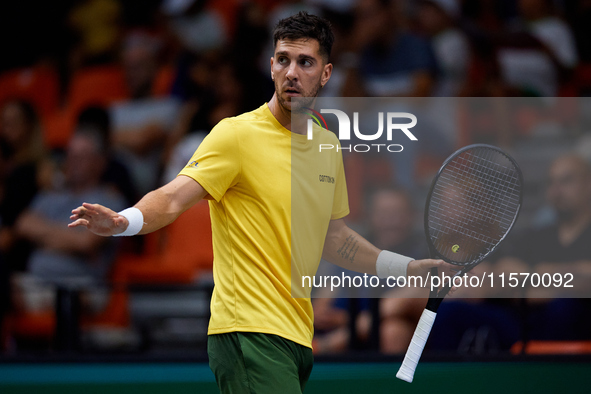 Thanasi Kokkinakis of Australia reacts during the game against Jakub Mensik of Czechia during the 2024 Davis Cup Group B Stage match between...