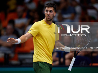 Thanasi Kokkinakis of Australia reacts during the game against Jakub Mensik of Czechia during the 2024 Davis Cup Group B Stage match between...