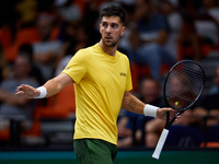 Thanasi Kokkinakis of Australia reacts during the game against Jakub Mensik of Czechia during the 2024 Davis Cup Group B Stage match between...