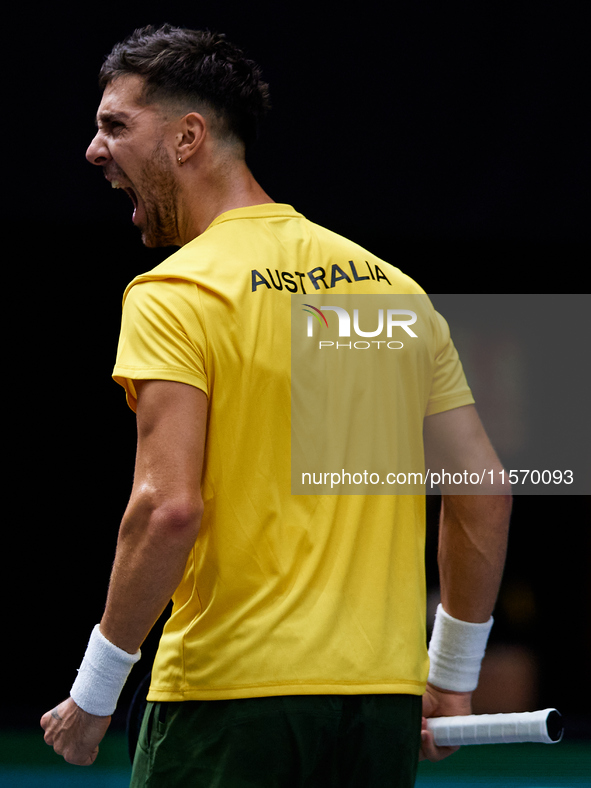 Thanasi Kokkinakis of Australia celebrates a point during the game against Jakub Mensik of Czechia during the 2024 Davis Cup Group B Stage m...