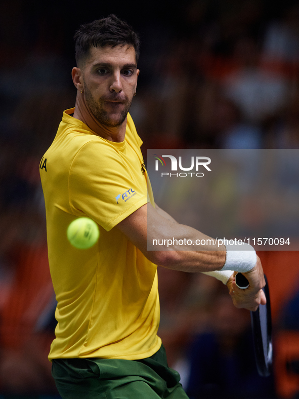 Thanasi Kokkinakis of Australia is in action during the game against Jakub Mensik of Czechia during the 2024 Davis Cup Group B Stage match b...