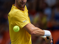 Thanasi Kokkinakis of Australia is in action during the game against Jakub Mensik of Czechia during the 2024 Davis Cup Group B Stage match b...