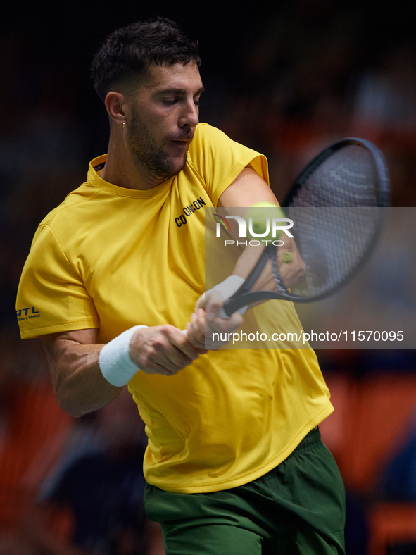 Thanasi Kokkinakis of Australia is in action during the game against Jakub Mensik of Czechia during the 2024 Davis Cup Group B Stage match b...