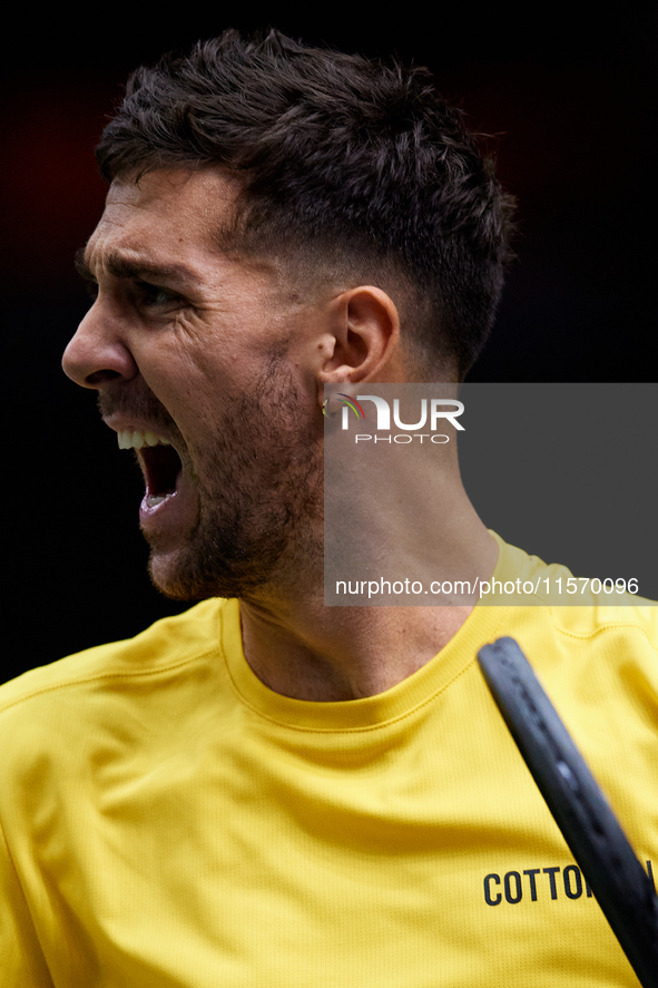 Thanasi Kokkinakis of Australia celebrates a point during the game against Jakub Mensik of Czechia during the 2024 Davis Cup Group B Stage m...