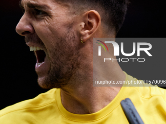 Thanasi Kokkinakis of Australia celebrates a point during the game against Jakub Mensik of Czechia during the 2024 Davis Cup Group B Stage m...