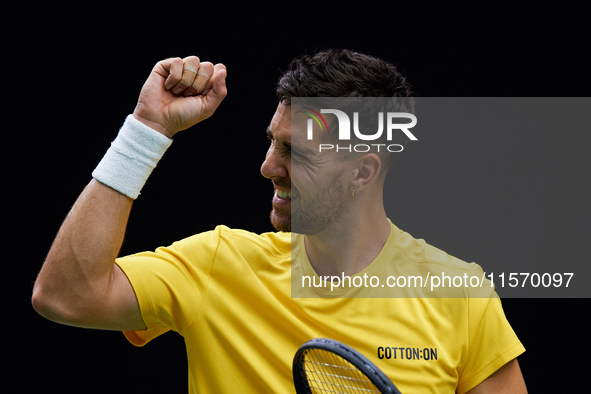 Thanasi Kokkinakis of Australia celebrates a point during the game against Jakub Mensik of Czechia during the 2024 Davis Cup Group B Stage m...