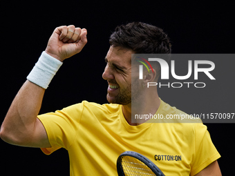 Thanasi Kokkinakis of Australia celebrates a point during the game against Jakub Mensik of Czechia during the 2024 Davis Cup Group B Stage m...